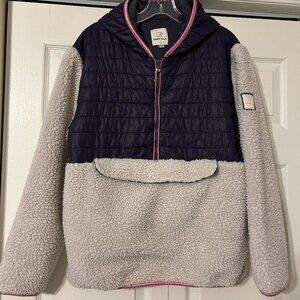 IVORY ELLA Sz L Purple Quilted White Sherpa Pink Trim Half Zip Pullover Jacket